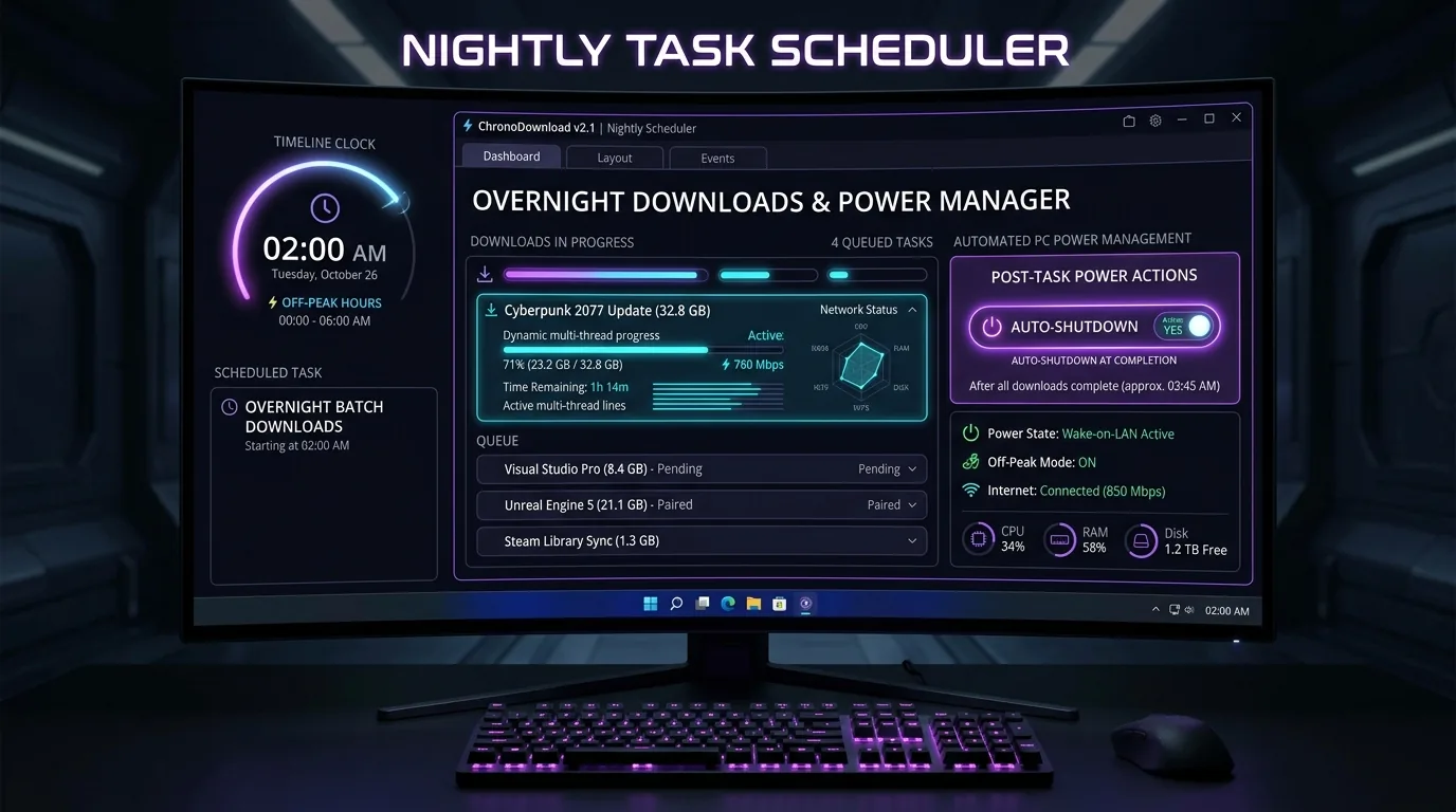Overnight download scheduler and Windows 11 automated PC shutdown power manager in Vortex Downloader