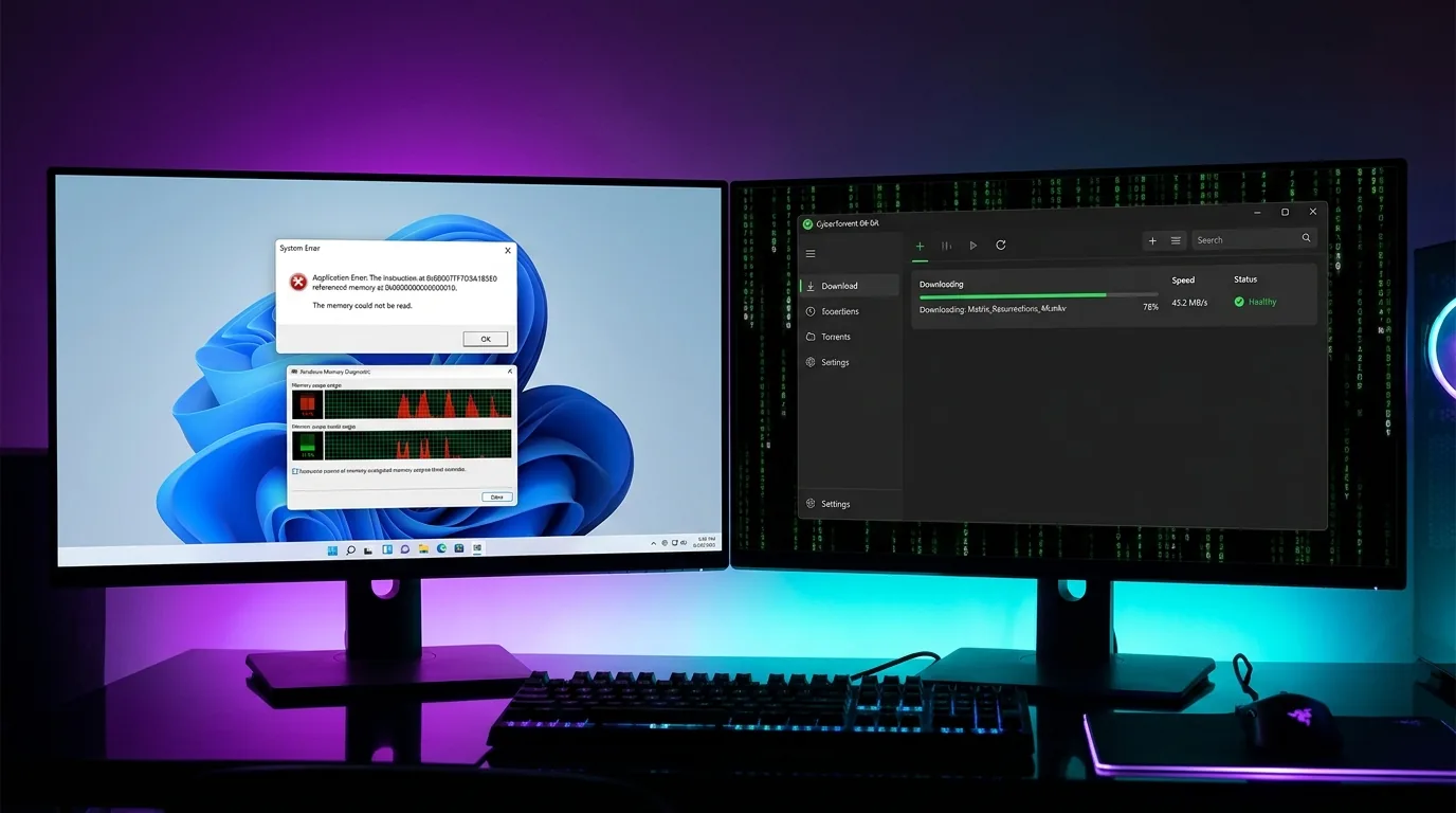Diagnostic troubleshooting interface for uTorrent crashing on Windows 11 and modern 64-bit download manager comparison